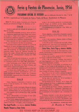 Cartel del Programa Oficial de festejos de la Feria y Fiestas de Plasencia, junio 1956