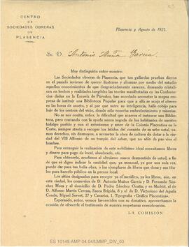 Carta del Centro de Sociedades obreras de Plasencia a D. Antonio Muñoz García sobre la creación d...