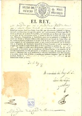 Real cédula sobre la bula de la Santa Cruzada. Aranjuez, 18 de junio de 1825. Incluye sello de plica